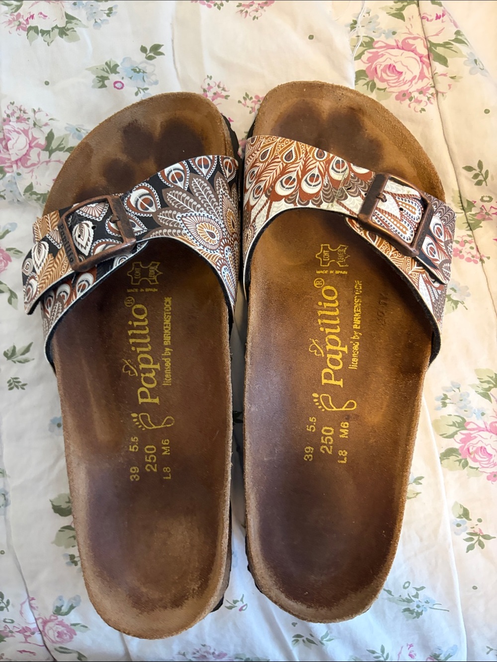 Papillio Brown and White Paisley Single-Buckle Sandals